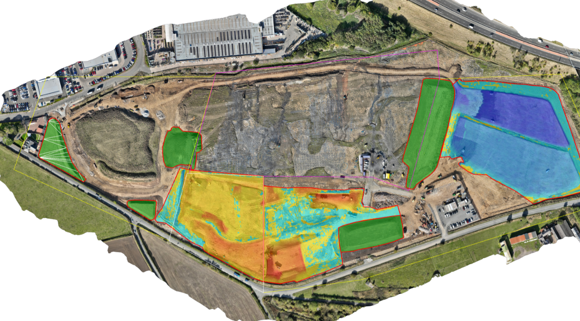 Colour heatmap over a drone orthophoto showing where ground levels sit above or below level.