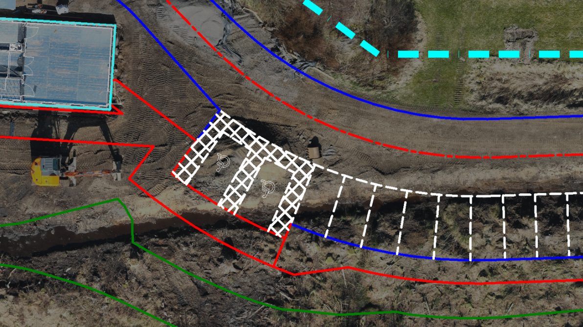 Design layout of kerbs and parking bays overlaid on a drone orthophoto of the site as built.